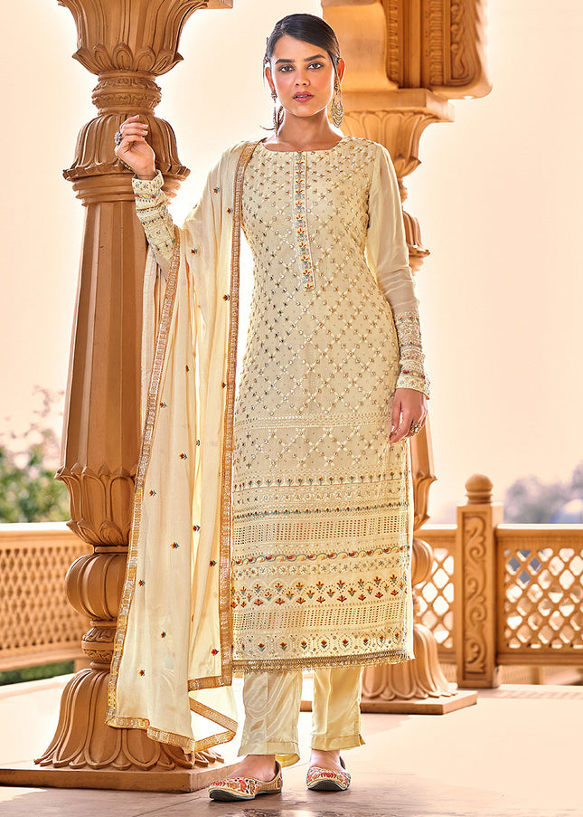 Cream and Gold Embroidered Pant Style Suit