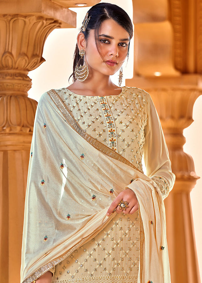 Cream and Gold Embroidered Pant Style Suit