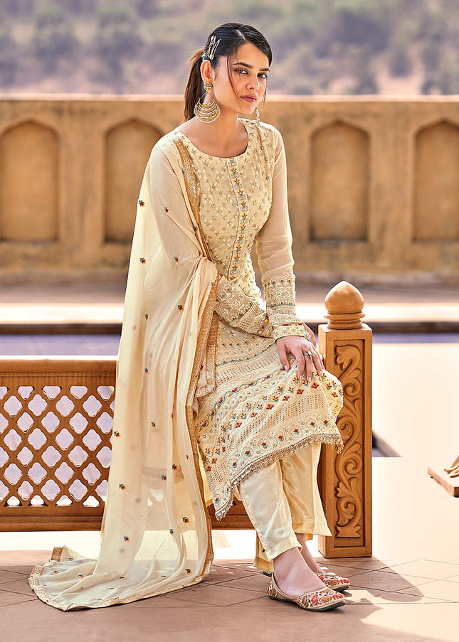 Cream and Gold Embroidered Pant Style Suit