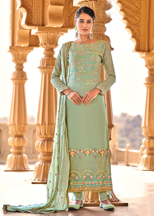 Green and Gold Embroidered Pant Style Suit