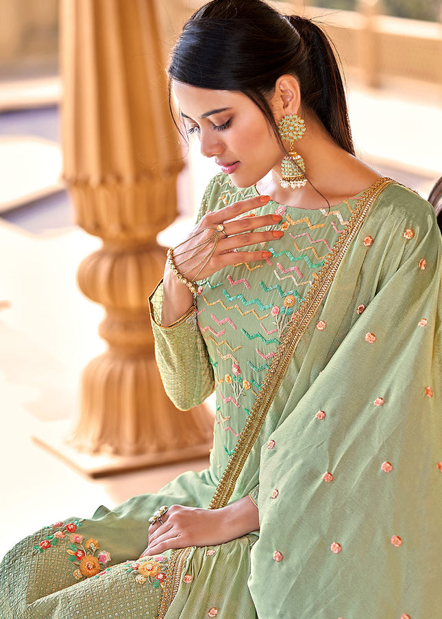 Green and Gold Embroidered Pant Style Suit