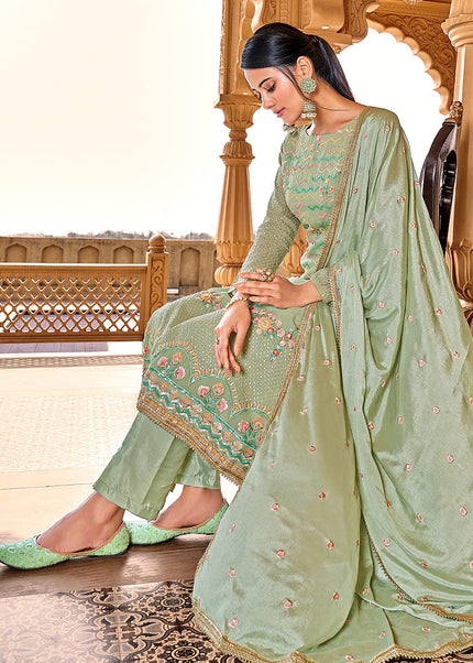 Green and Gold Embroidered Pant Style Suit