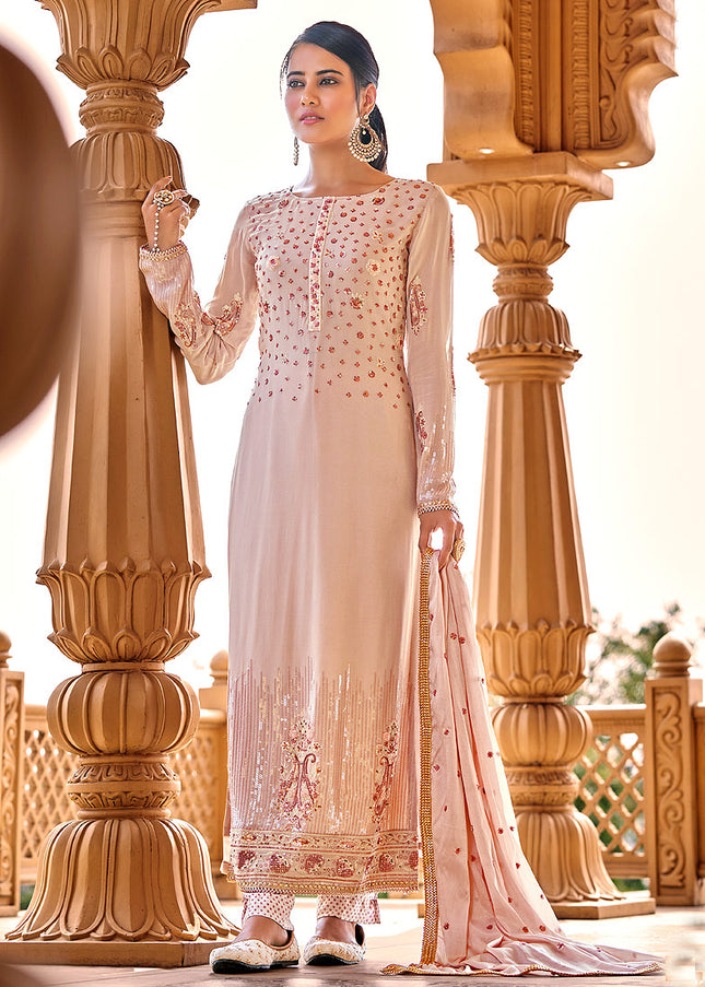 Light Pink Floral Embroidered Pant Style Suit