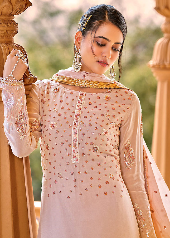 Light Pink Floral Embroidered Pant Style Suit