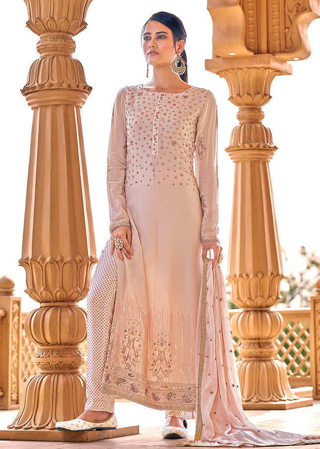 Light Pink Floral Embroidered Pant Style Suit