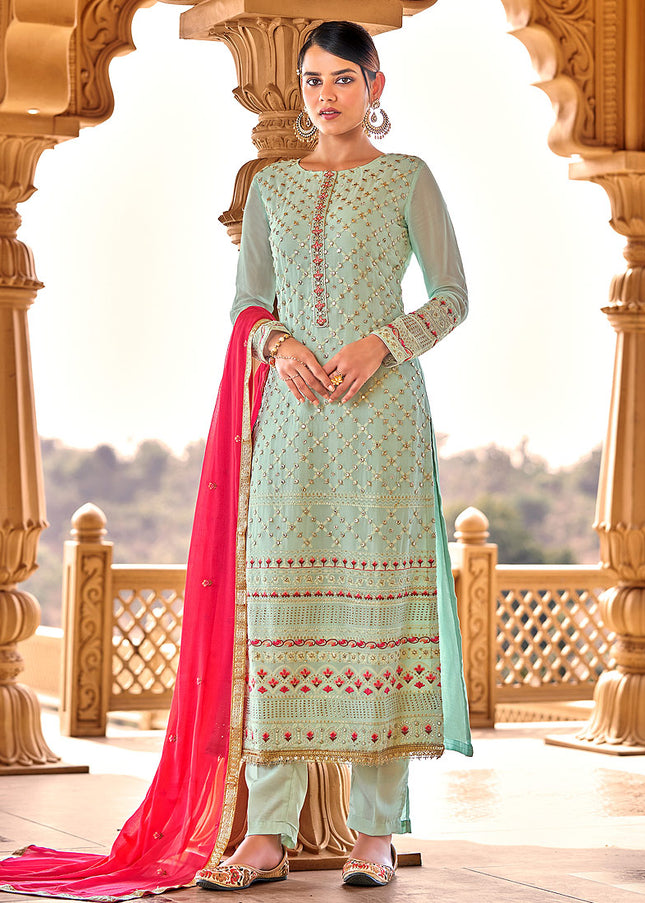 Mint and Pink Embroidered Pant Style Suit