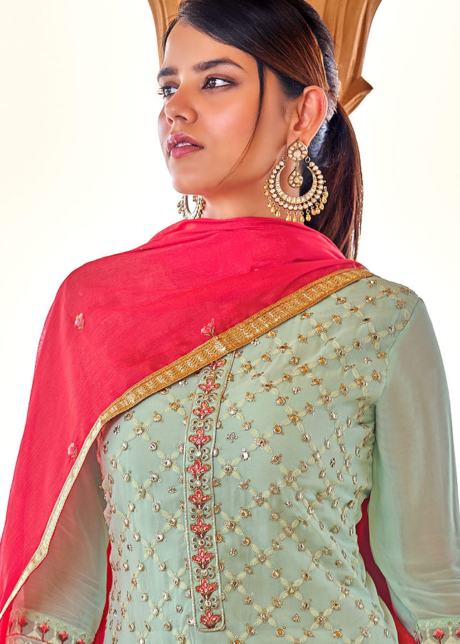 Mint and Pink Embroidered Pant Style Suit