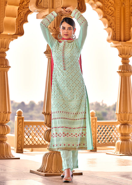 Mint and Pink Embroidered Pant Style Suit