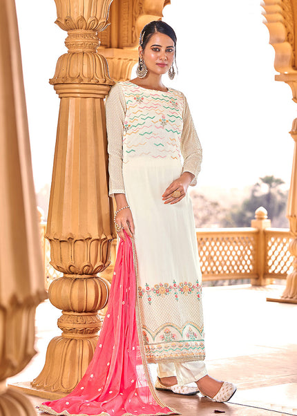 White and Pink Embroidered Pant Style Suit