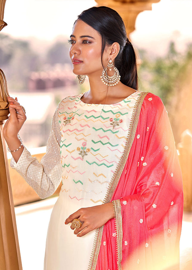White and Pink Embroidered Pant Style Suit