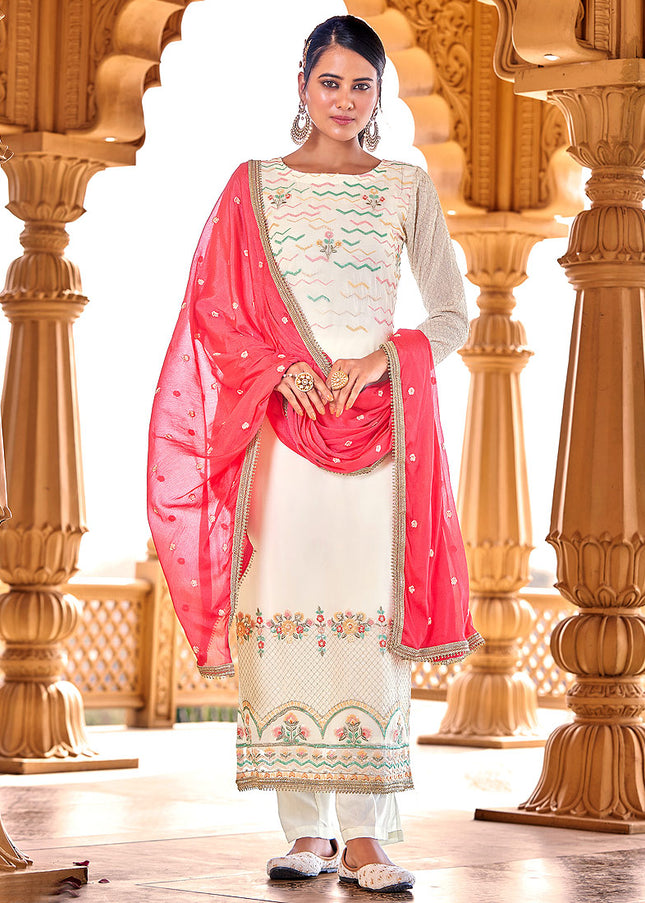 White and Pink Embroidered Pant Style Suit