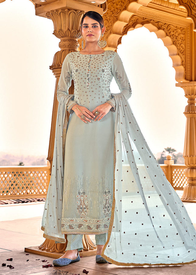 Light Blue Embroidered Pant Style Suit