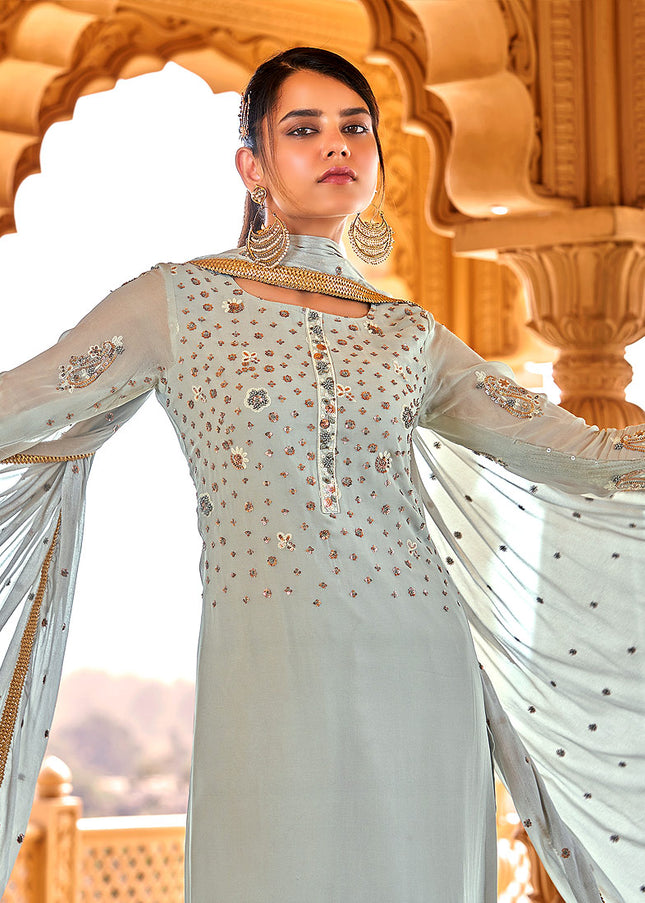 Light Blue Embroidered Pant Style Suit
