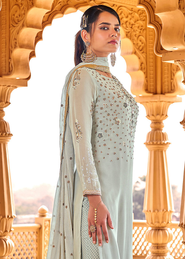 Light Blue Embroidered Pant Style Suit