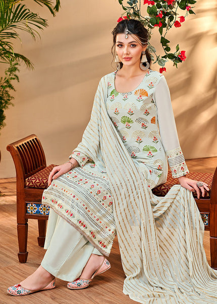 Light Blue Embroidered Pant Style Suit