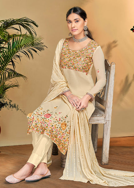 Cream Embroidered Pant Style Suit