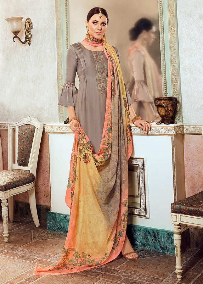 Grey and Gold Embroidered Palazzo Suit