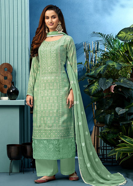 Green Embroidered Palazzo Suit