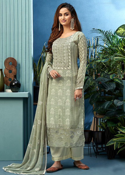 Grey Embroidered Palazzo Suit
