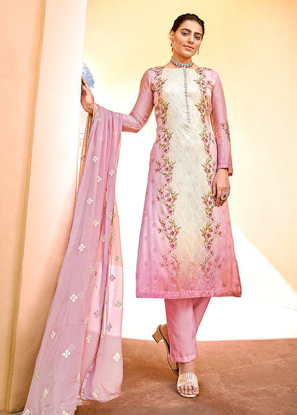 Pink and Cream Embroidered Pant Style Suit