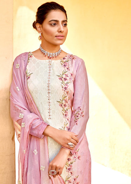 Pink and Cream Embroidered Pant Style Suit