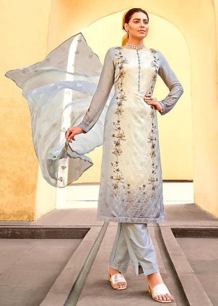 Grey and Cream Embroidered Pant Style Suit