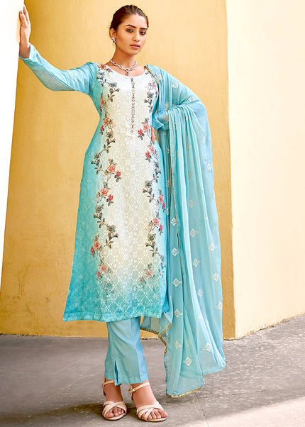 Aqua and Cream Embroidered Pant Style Suit