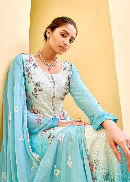 Aqua and Cream Embroidered Pant Style Suit