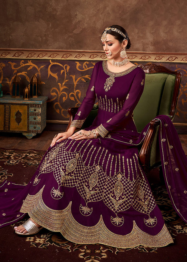 Magenta and Gold Embroidered Anarkali