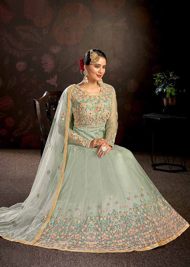 Light Mint and Gold Embroidered Anarkali