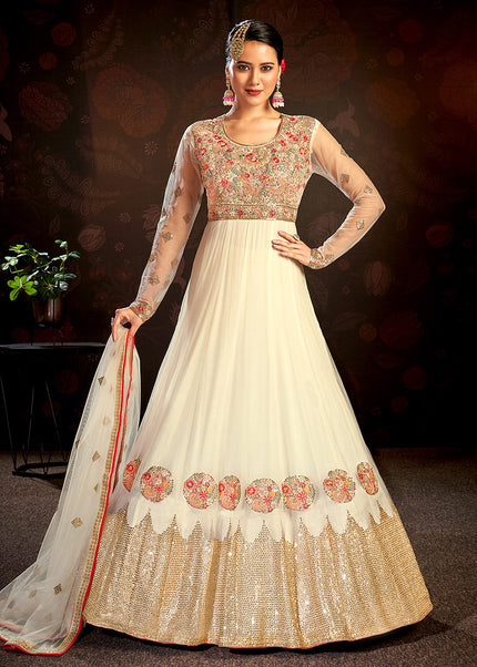 Offwhite and Gold Embroidered Anarkali