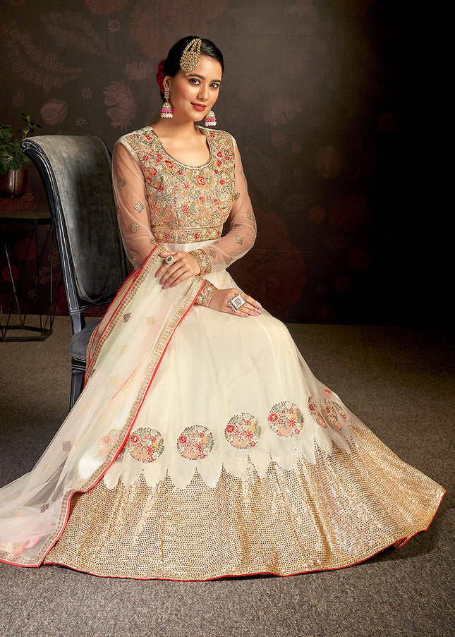 Offwhite and Gold Embroidered Anarkali
