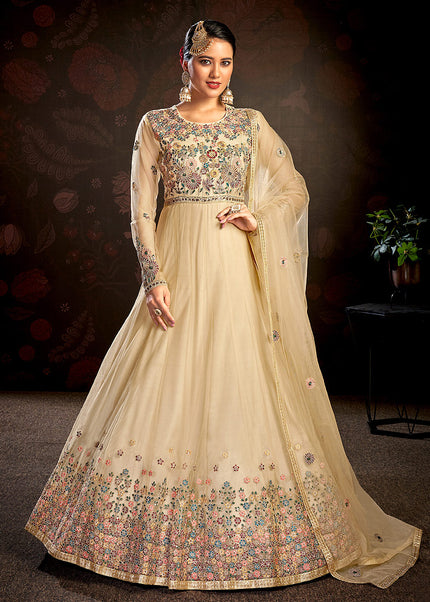 Beige and Gold Embroidered Anarkali