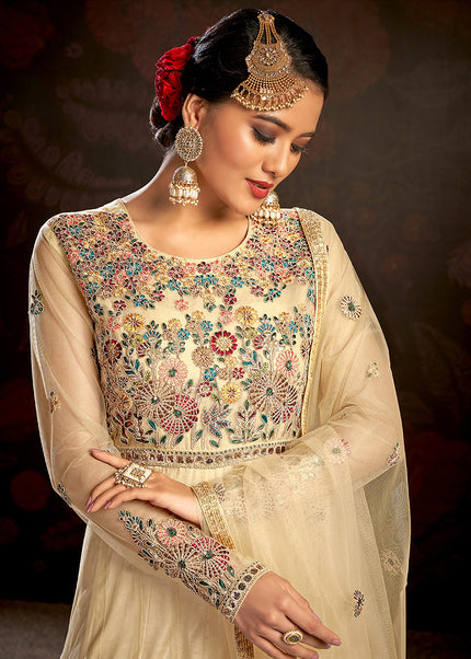 Beige and Gold Embroidered Anarkali