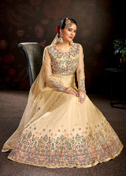 Beige and Gold Embroidered Anarkali