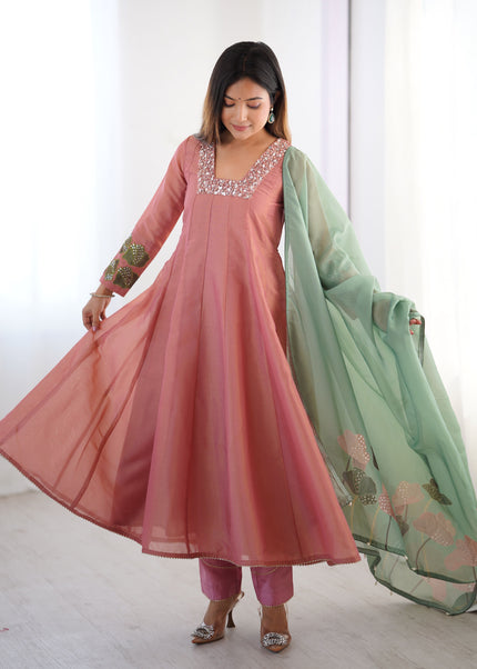 Peach Embroidered Pant Suit