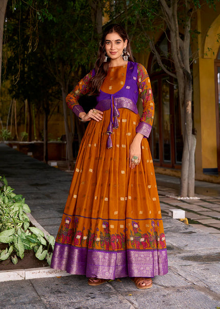 Mustard Yellow and Blue Printed and Embroidered Jacket Style Anarkali Gown