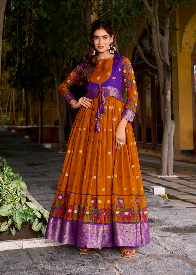 Mustard Yellow and Blue Printed and Embroidered Jacket Style Anarkali Gown