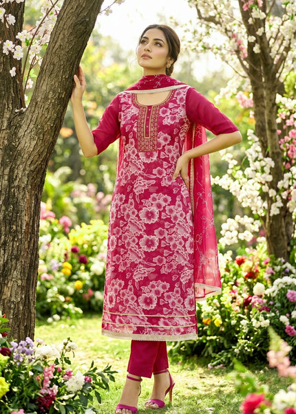 Pink Printed and Embroidered Pant Style Suit