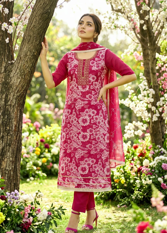 Pink Printed and Embroidered Pant Style Suit