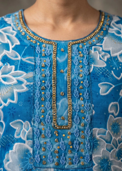Sky Blue Printed and Embroidered Pant Style Suit