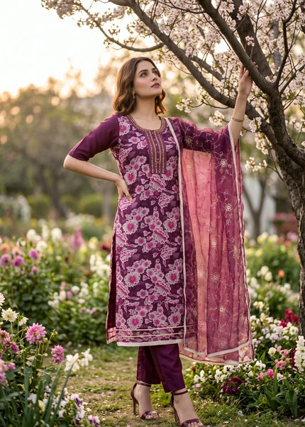 Purple Printed and Embroidered Pant Style Suit
