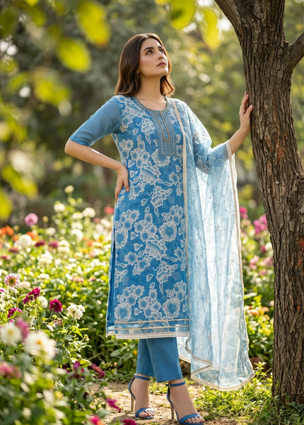 Sky Blue Printed and Embroidered Pant Style Suit