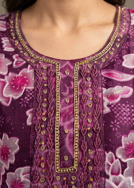 Purple Printed and Embroidered Pant Style Suit