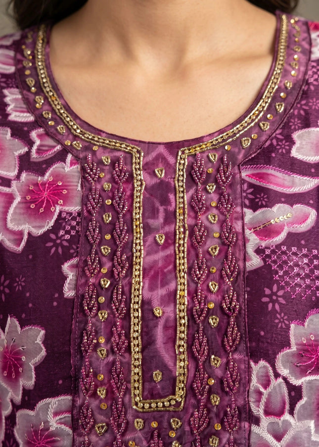 Purple Printed and Embroidered Pant Style Suit