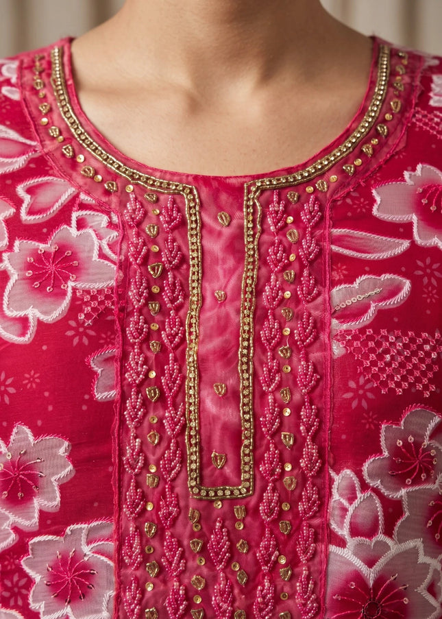 Pink Printed and Embroidered Pant Style Suit