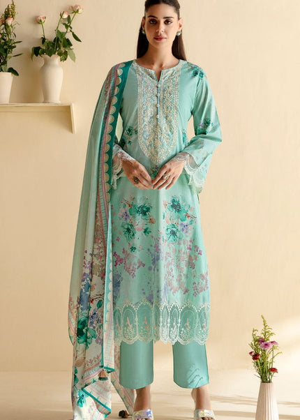 Sky Blue Printed and Embroidered Pant Syle Suit
