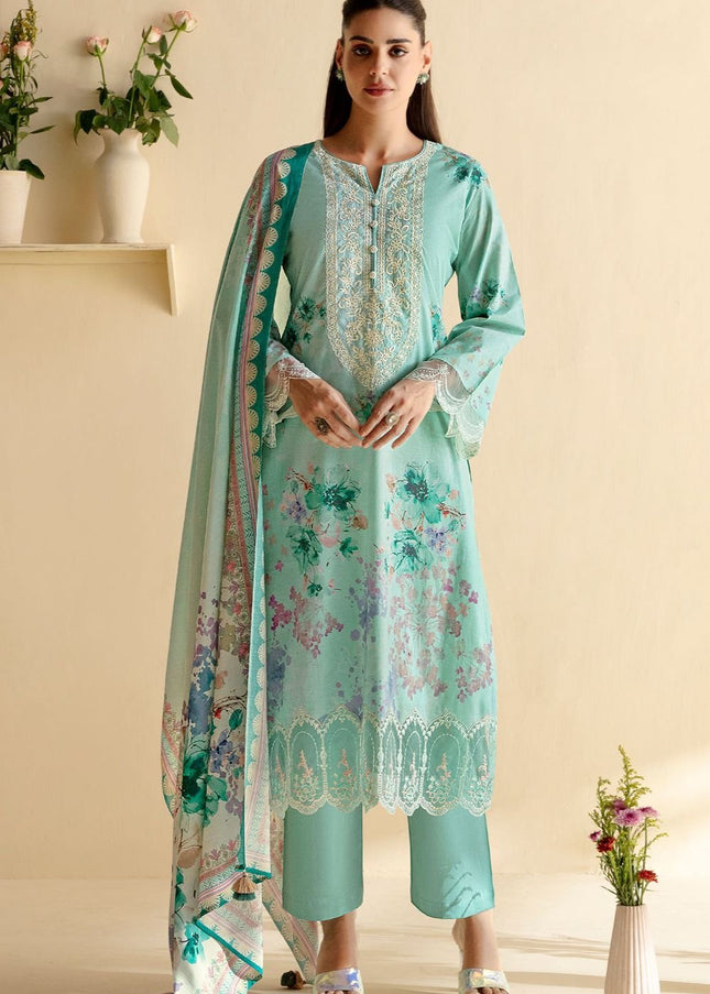 Sky Blue Printed and Embroidered Pant Syle Suit