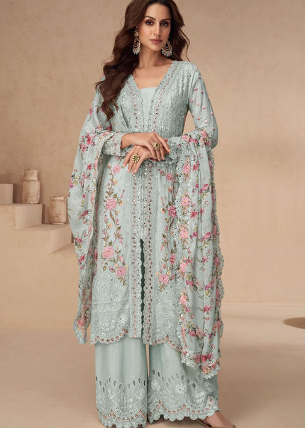 Sky Blue Embroidered Palazzo Suit