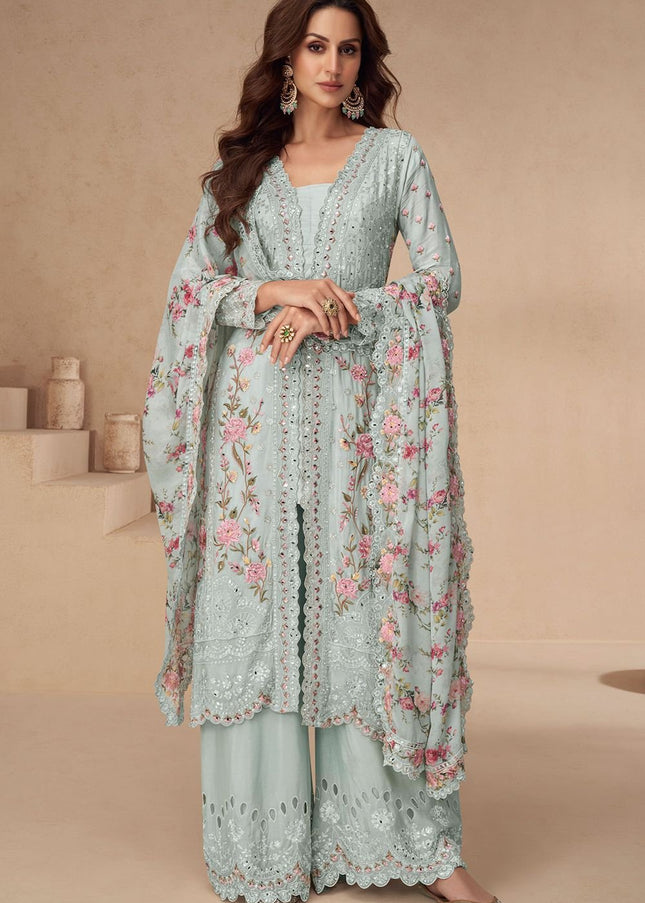 Sky Blue Embroidered Palazzo Suit
